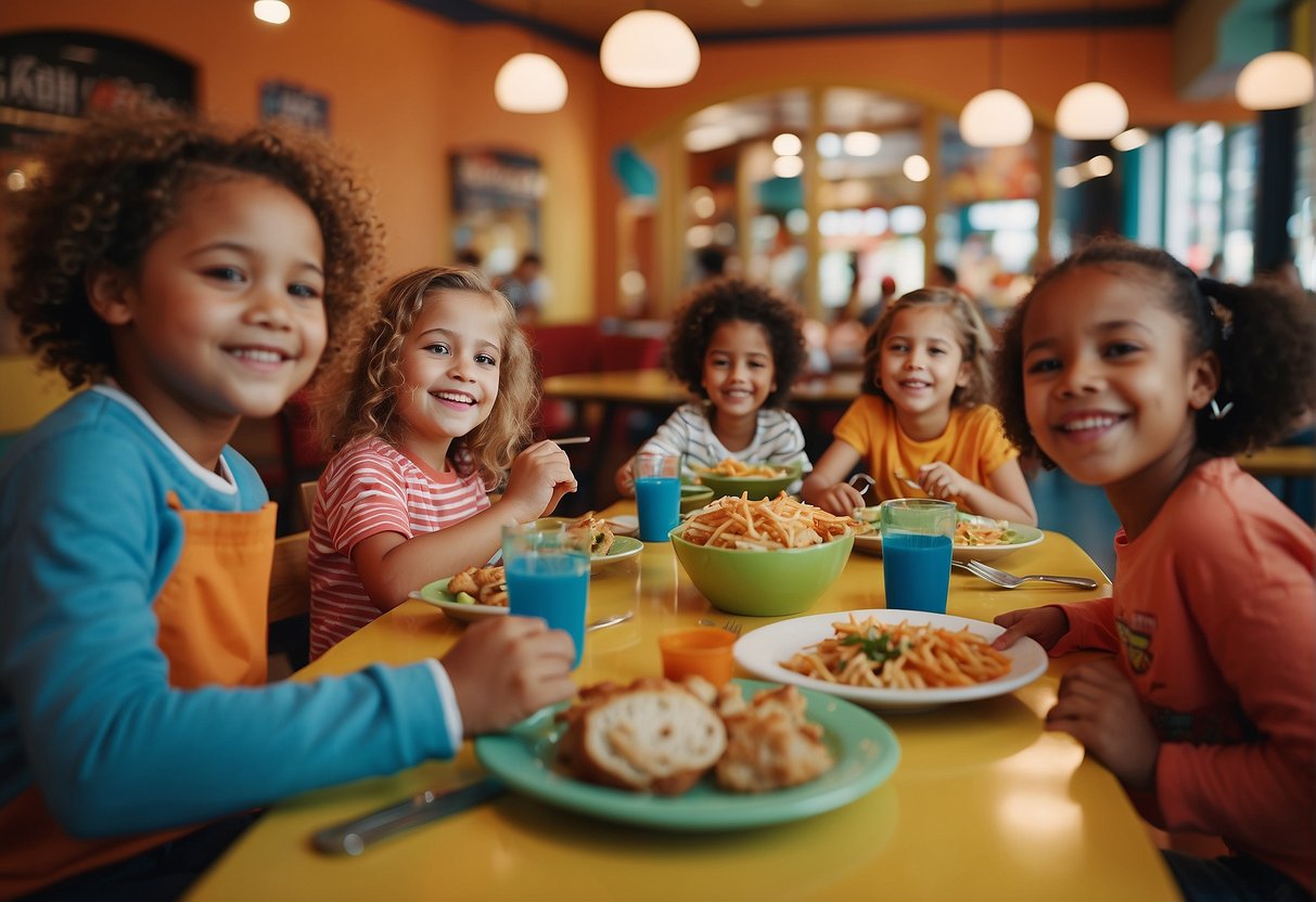 A group of children enjoying a meal at a brightly colored, playful restaurant with sports-themed decor and kid-friendly menu options