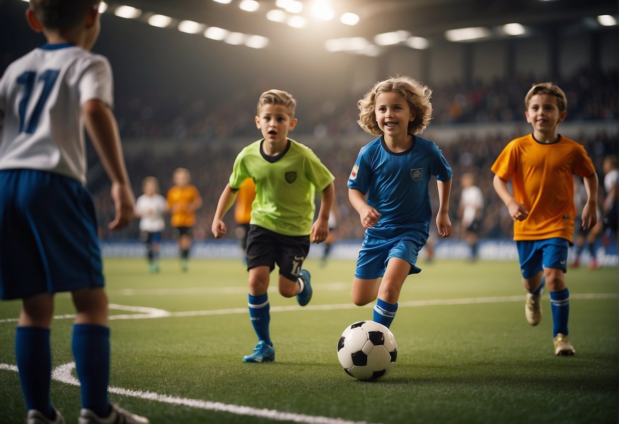Children playing soccer in a spacious indoor arena, with colorful jerseys and a vibrant crowd cheering from the sidelines