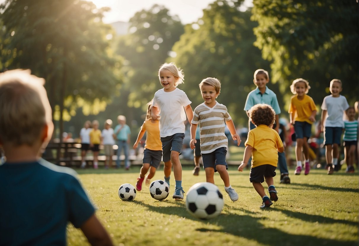 Children playing soccer in a park, families cheering, vendors selling snacks, and a banner with "Kid-Friendly Sports Events" in Missouri