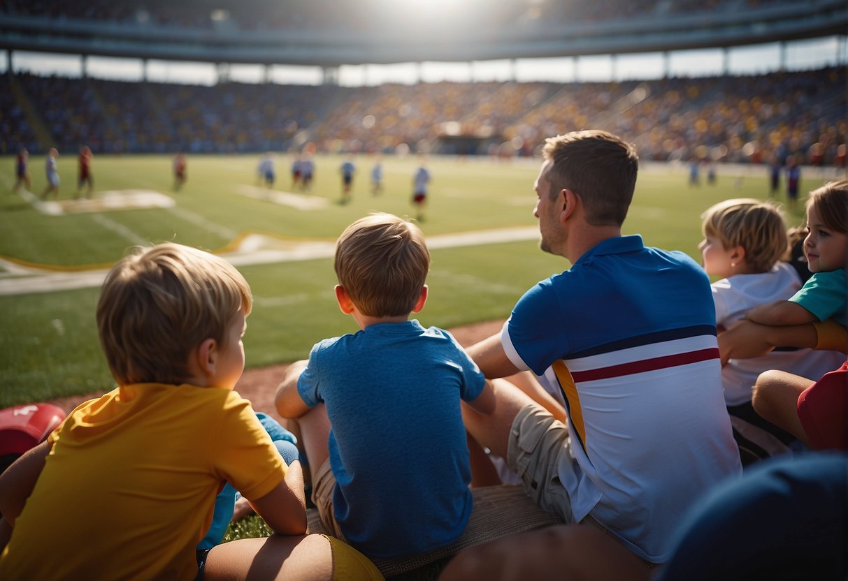A family enjoying a sports event in Missouri, with children playing and parents supervising. Safety signs and first aid kits are visible