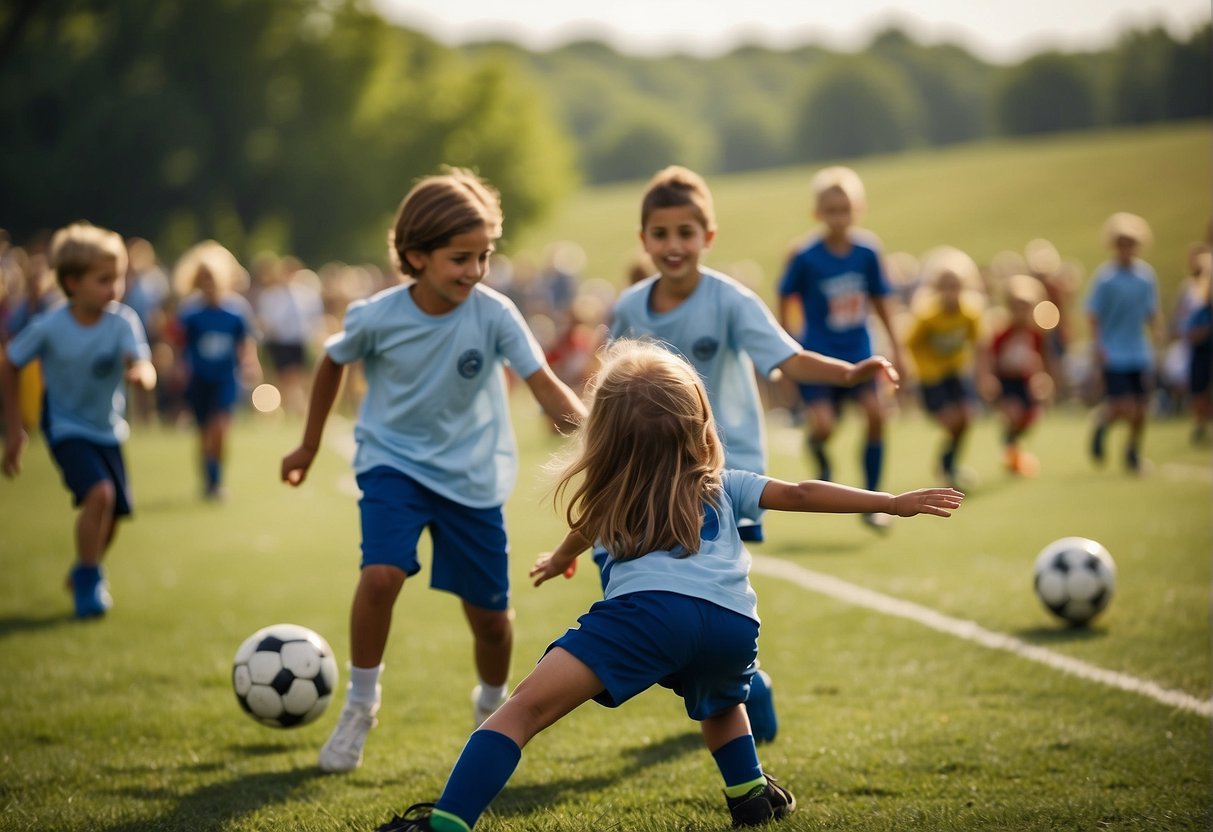 Children playing soccer in a grassy field, with parents cheering from the sidelines. A banner reads "Kid-Friendly Sports Events in Missouri."
