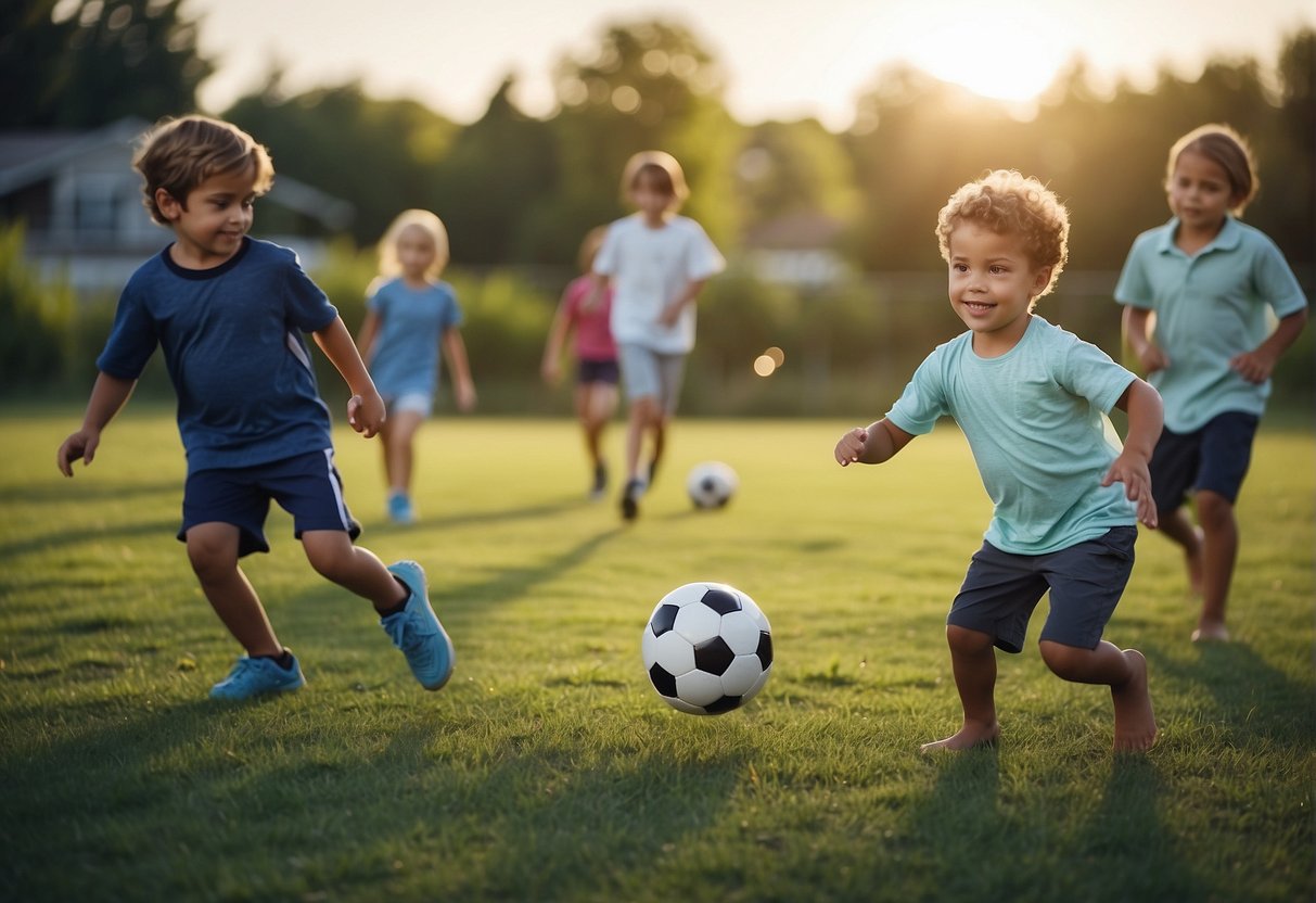 Children playing soccer on a grassy field, families picnicking nearby, a baseball game in progress, and kids swimming in a pool