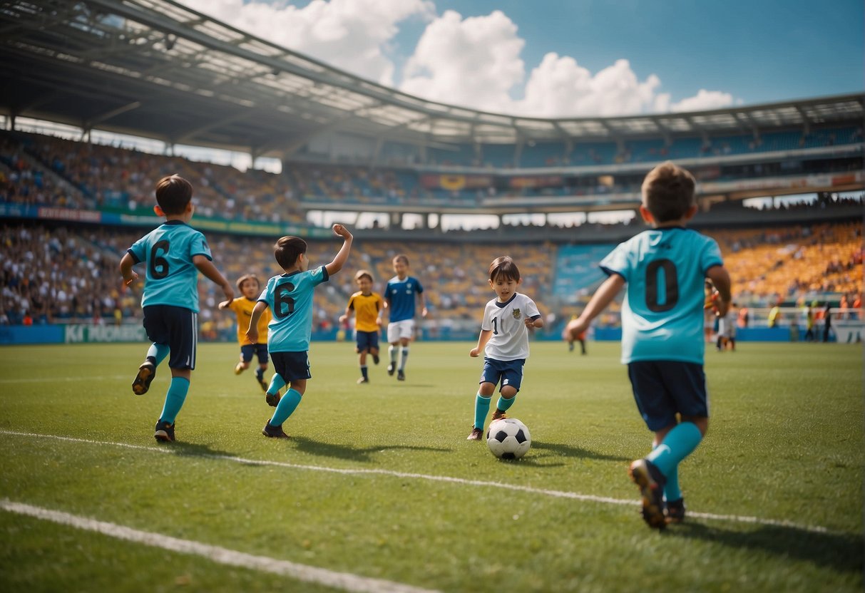 Children playing soccer in a vibrant stadium, surrounded by cheering families and colorful banners. A mascot dances on the sidelines as vendors sell snacks and souvenirs