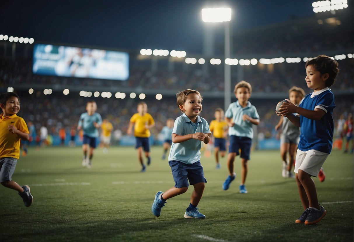 Children playing various sports in a lively stadium, surrounded by cheering parents and vendors selling snacks and drinks