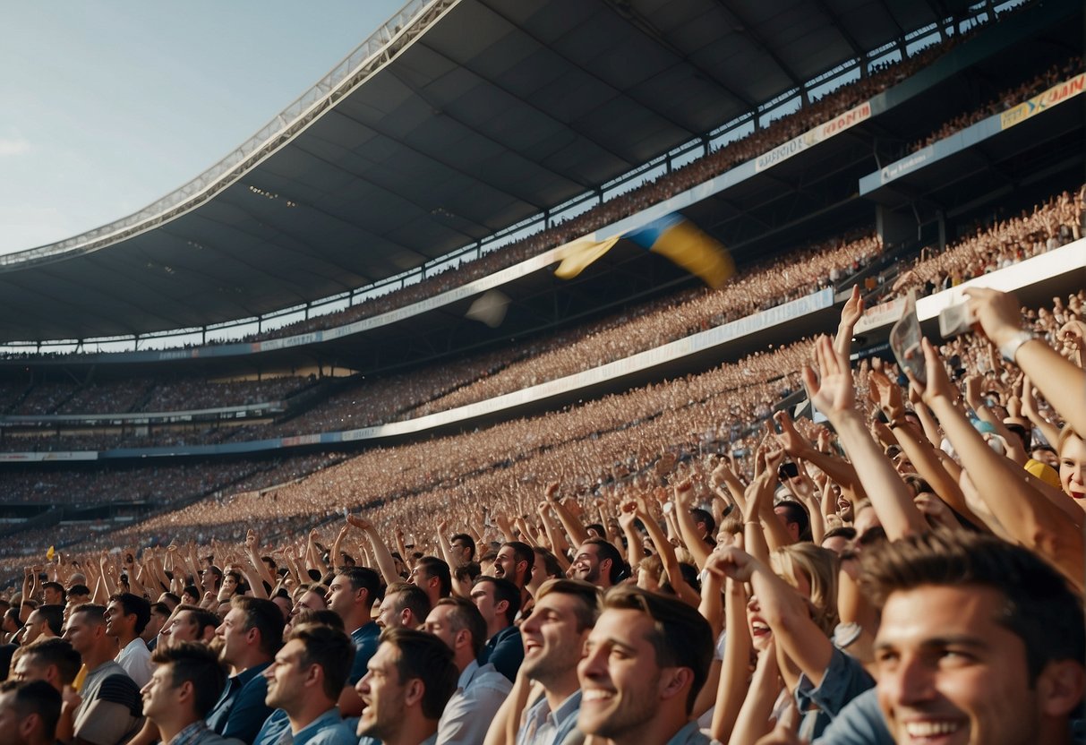 Excited fans cheer at a packed stadium, as players compete in a thrilling game. The atmosphere is electric, with flags waving and the sound of cheering filling the air