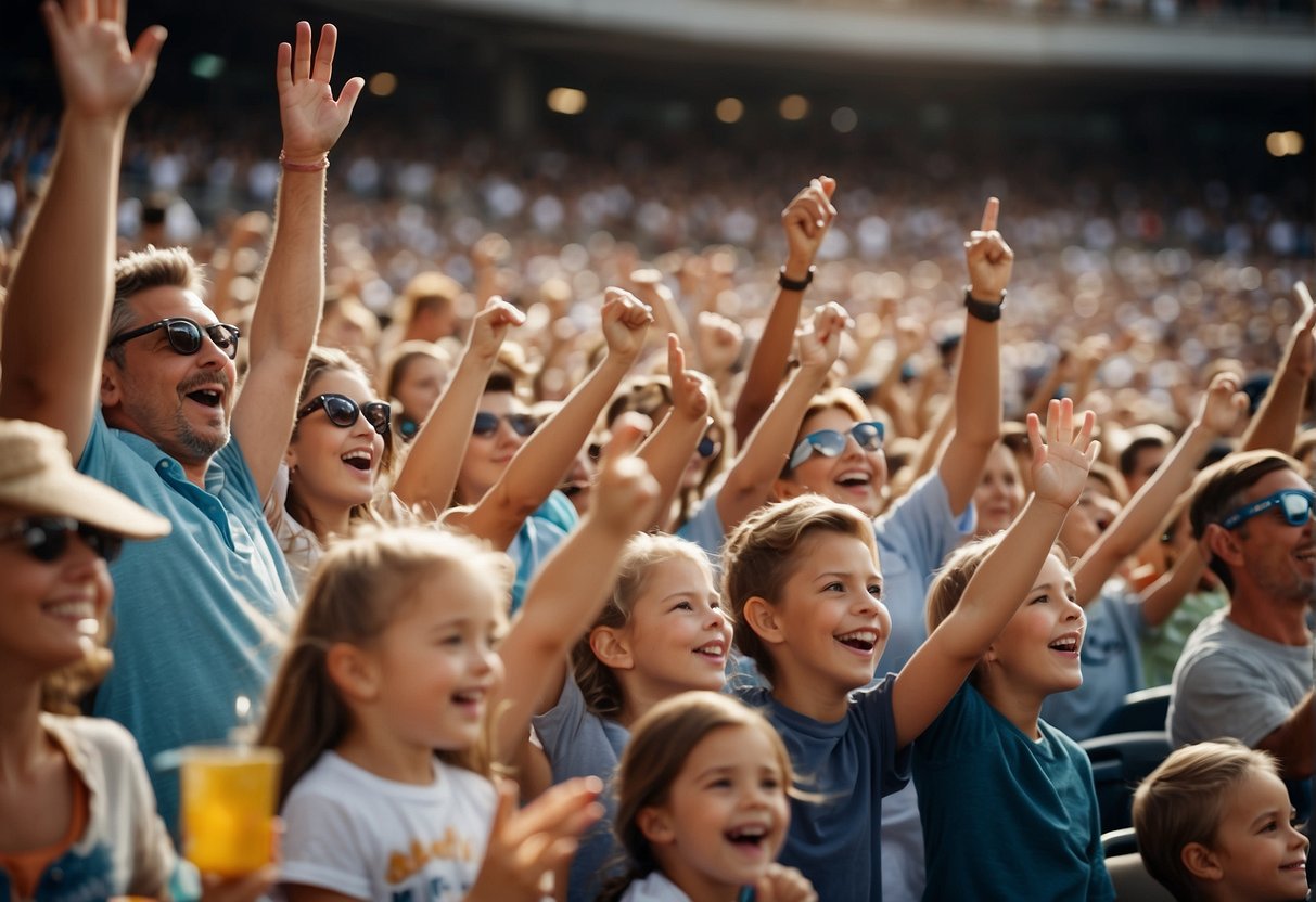 Excited fans cheer and wave foam fingers at a baseball game. Kids enjoy face painting and playing games in the family-friendly area