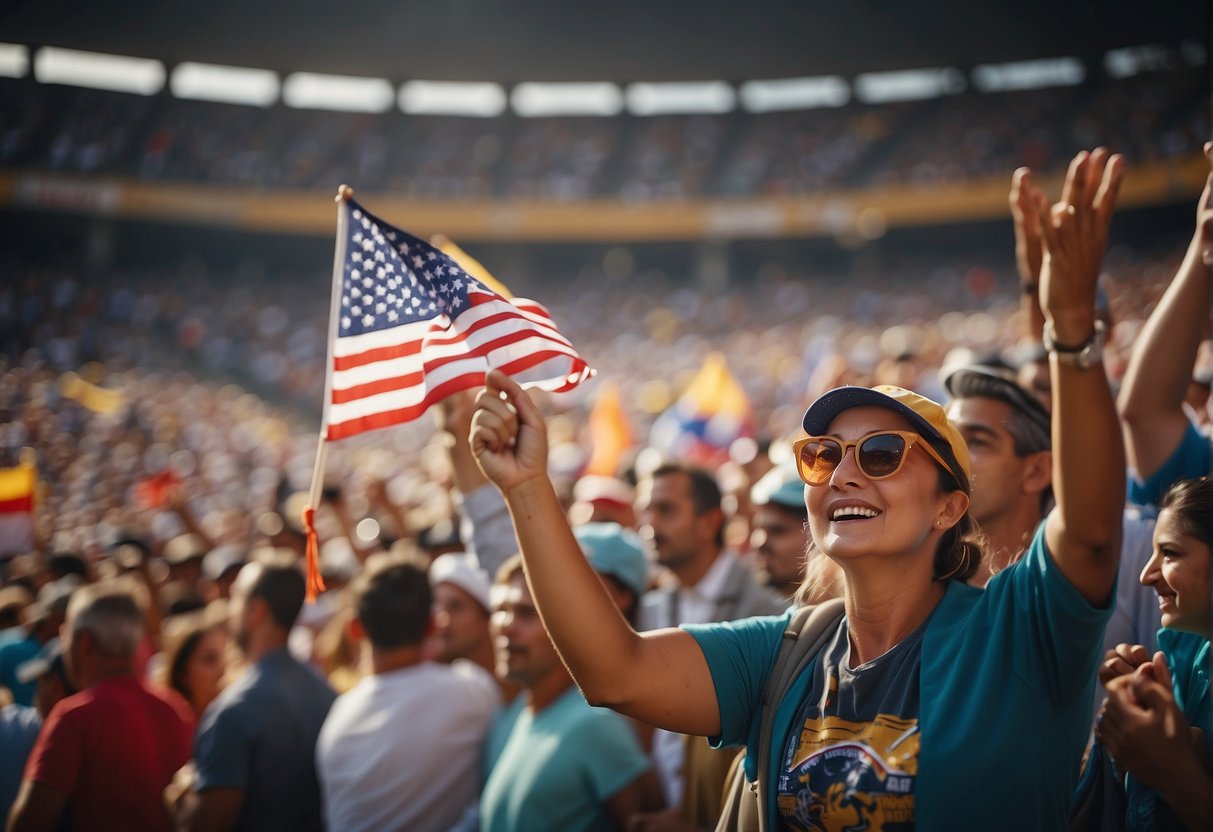 Fans cheer at a crowded stadium as players compete in a thrilling game. Flags wave, vendors sell snacks, and families enjoy the action-packed atmosphere