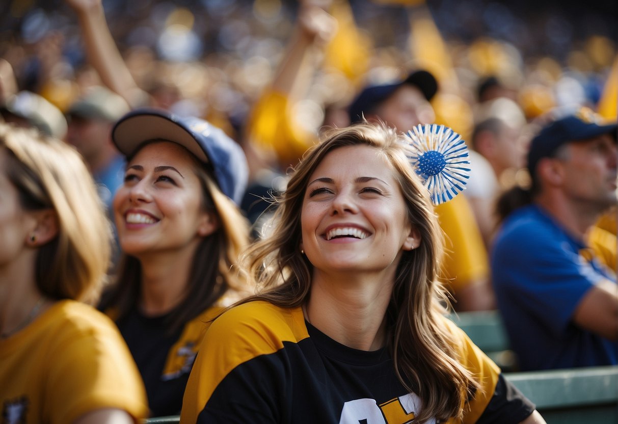 Fans cheer at Missouri's local sports events, waving team flags and wearing team colors. Families enjoy the excitement and community pride
