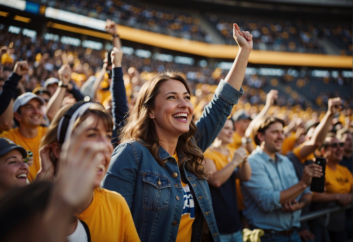 Fans cheer and wave banners as cameras capture the excitement at a Missouri sports event. Families enjoy the lively atmosphere and bond over their team's success