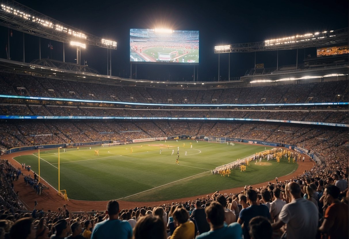 Fans cheer in a crowded stadium as players compete in various sports. Banners and flags flutter in the air, adding to the excitement. The scoreboard displays the game's progress, and vendors sell snacks and drinks