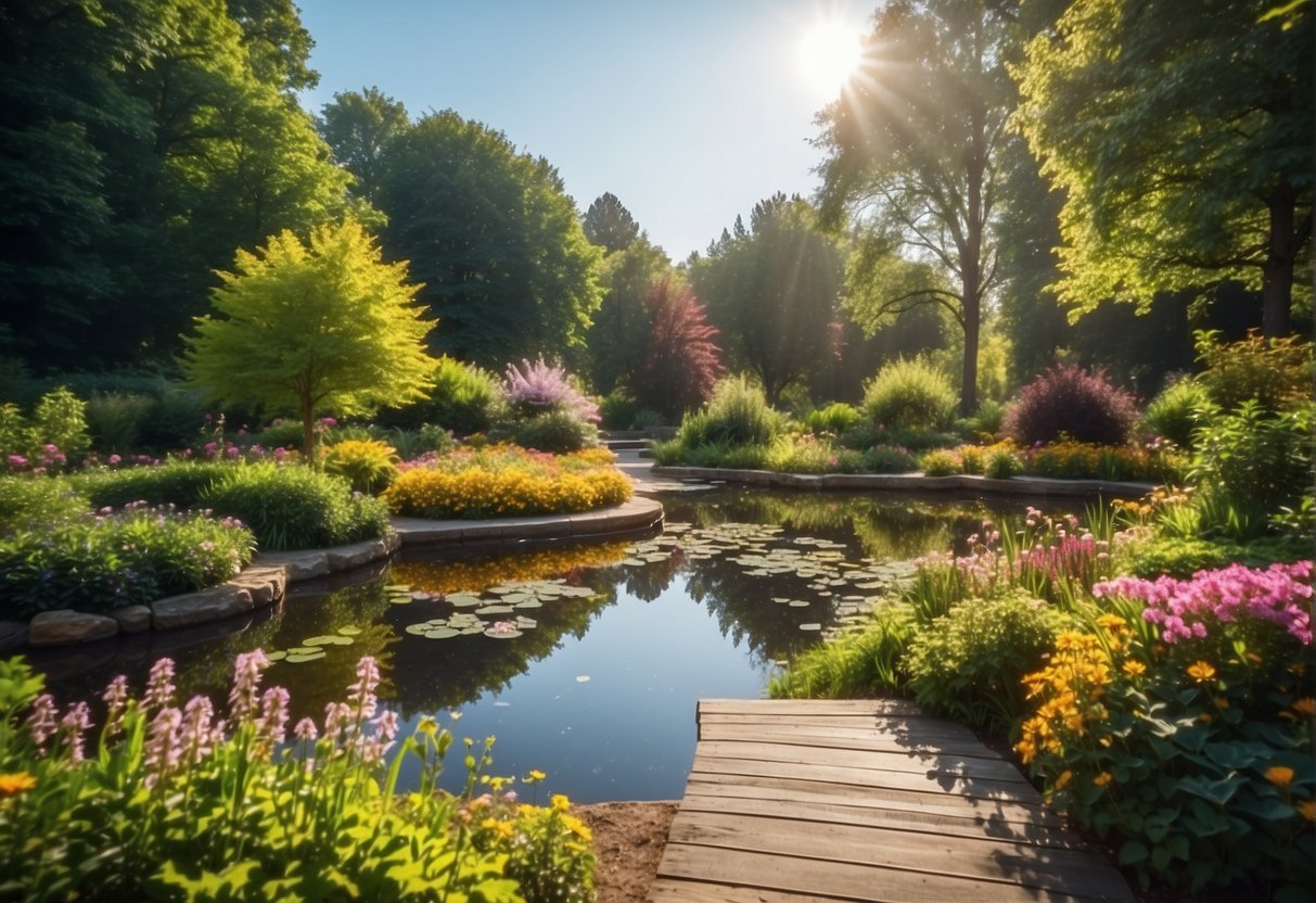 Lush gardens bloom with vibrant flowers and winding paths. A serene pond reflects the colorful foliage. Sunlight filters through the trees, creating a peaceful atmosphere