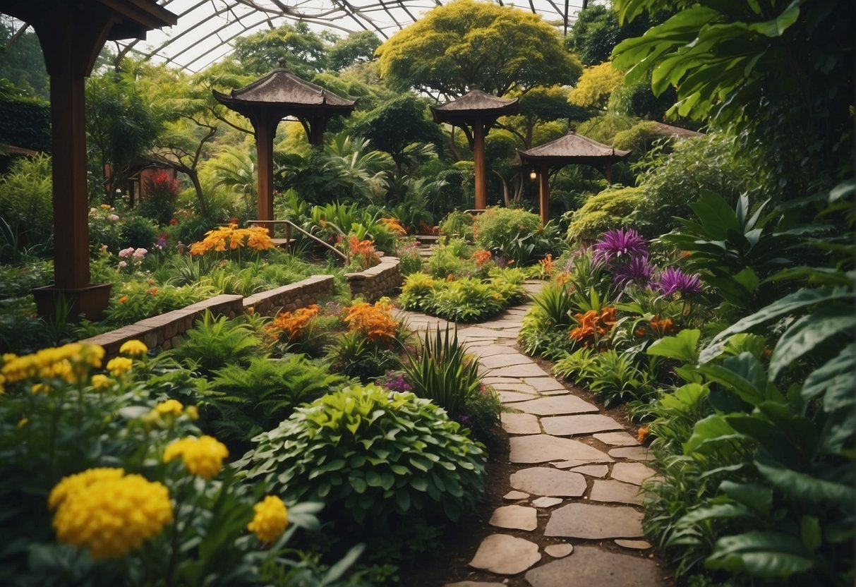 Lush gardens bursting with vibrant colors, winding paths leading to hidden nooks, and educational signs highlighting the diverse plant life. Visitors engage in workshops and events, surrounded by the beauty of nature