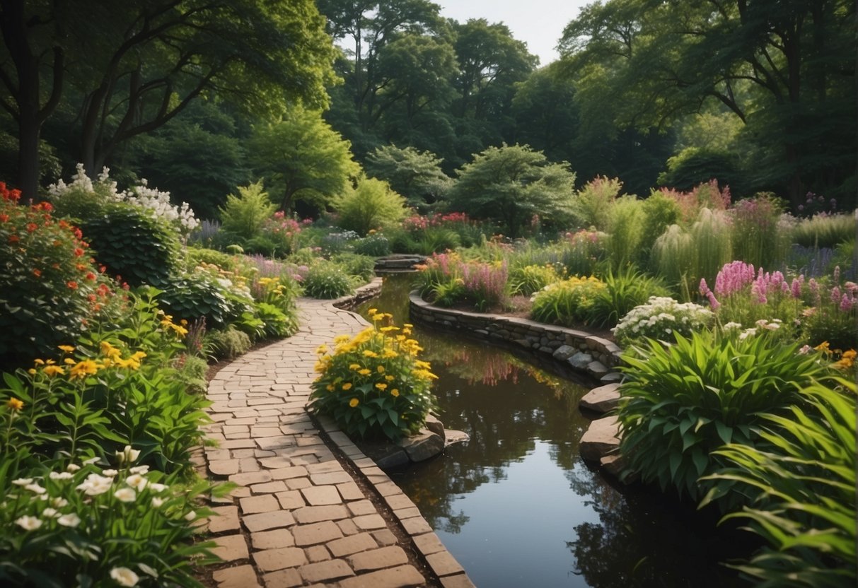 Lush greenery surrounds a serene pond, with colorful flowers and native plants in full bloom. A winding path leads visitors through the Missouri Botanical Garden, showcasing the beauty of conservation and environmental stewardship
