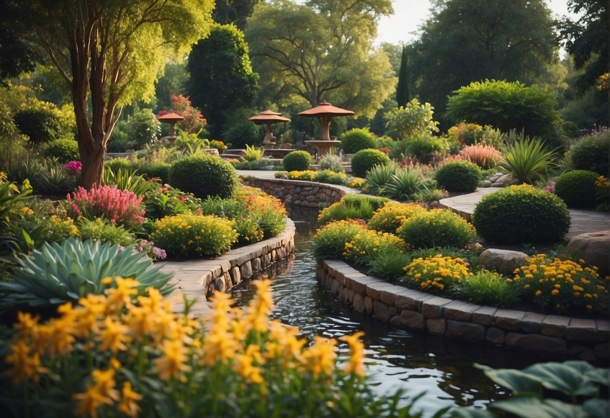 Lush gardens bursting with vibrant colors and diverse plant life. Meandering pathways through blooming flora, serene water features, and peaceful seating areas