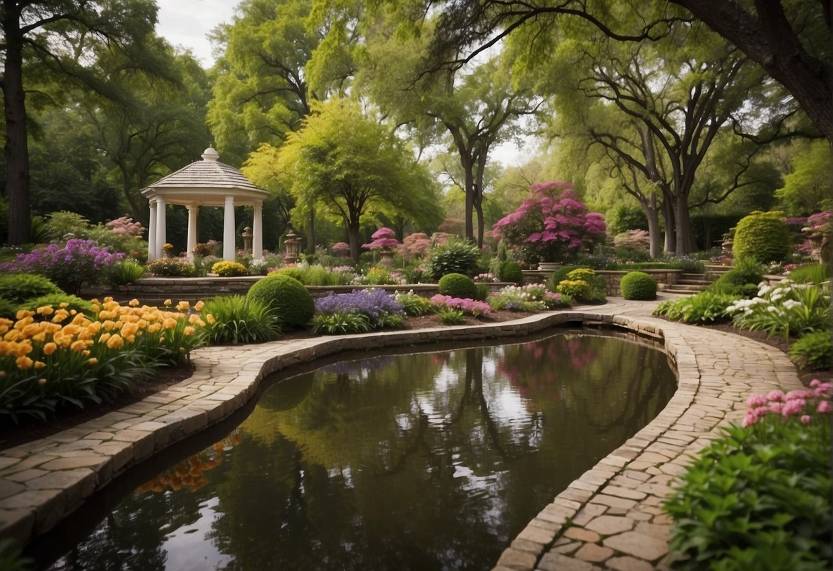 Lush gardens with vibrant flowers, towering trees, and winding paths. A serene pond reflects the beauty of the surroundings. The garden is filled with historical and cultural significance, making it a must-see destination for spring break exploration