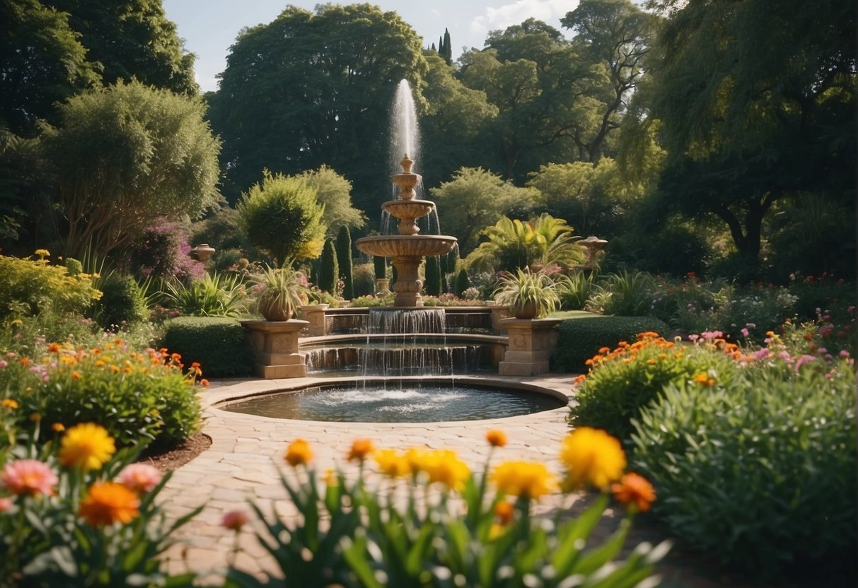 Lush, vibrant botanical gardens bursting with colorful flowers and lush greenery. A peaceful oasis with winding paths, bubbling fountains, and diverse plant species