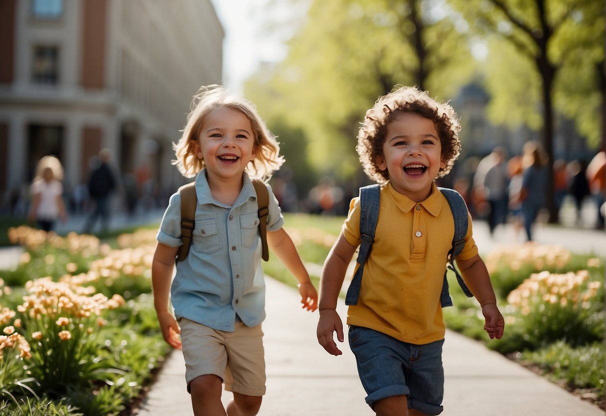 Families strolling through vibrant city streets, visiting museums, parks, and attractions. Children laughing and playing in the springtime sunshine