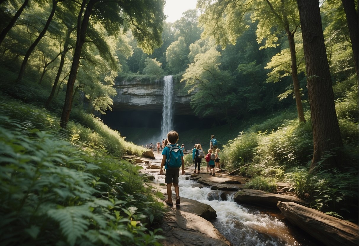 Children hiking through lush forests, discovering hidden waterfalls, and observing wildlife in Missouri's scenic landscapes