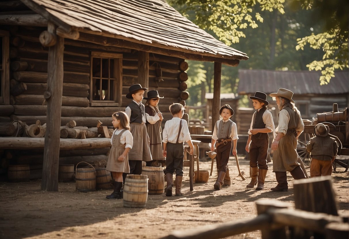 Children exploring a replica pioneer village, with log cabins, blacksmith shop, and covered wagons. A guide in period costume leads a group, while others try hands-on activities