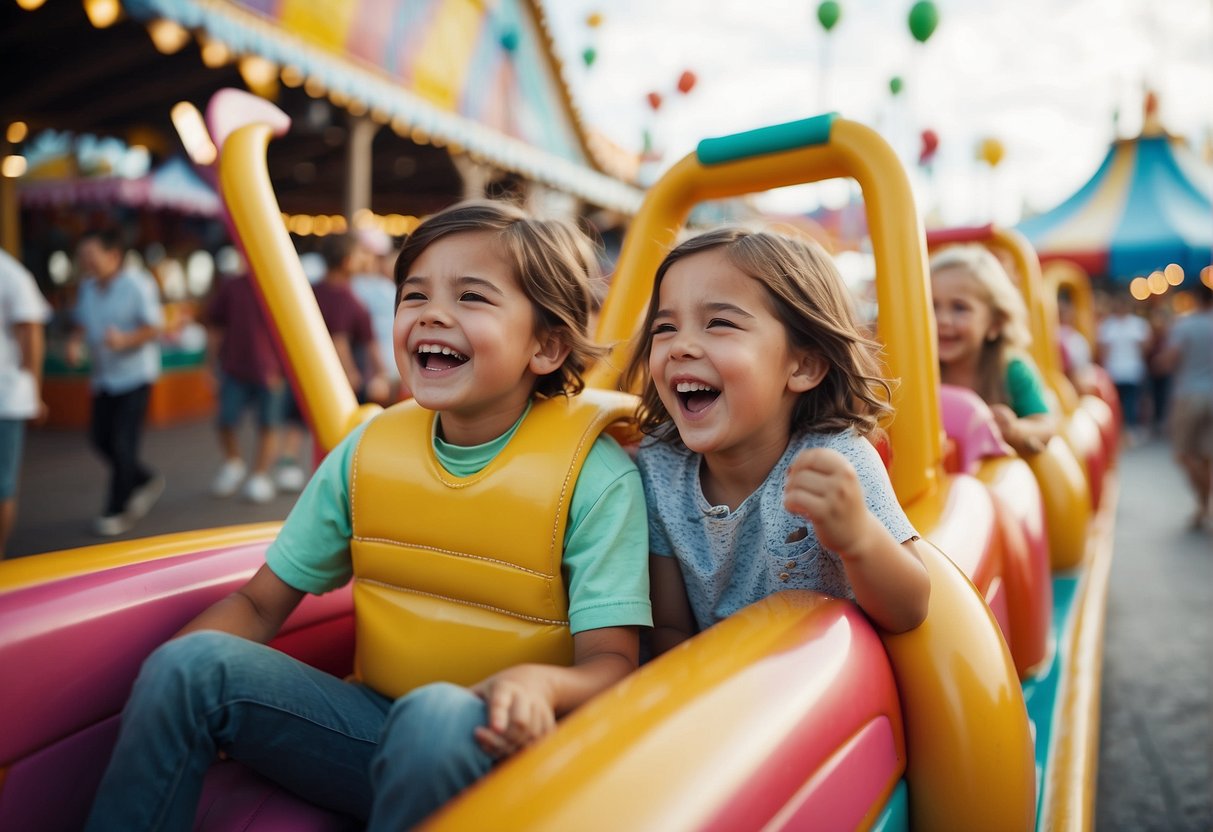 Children laughing and riding colorful roller coasters, surrounded by bright carnival games and food vendors at a bustling theme park