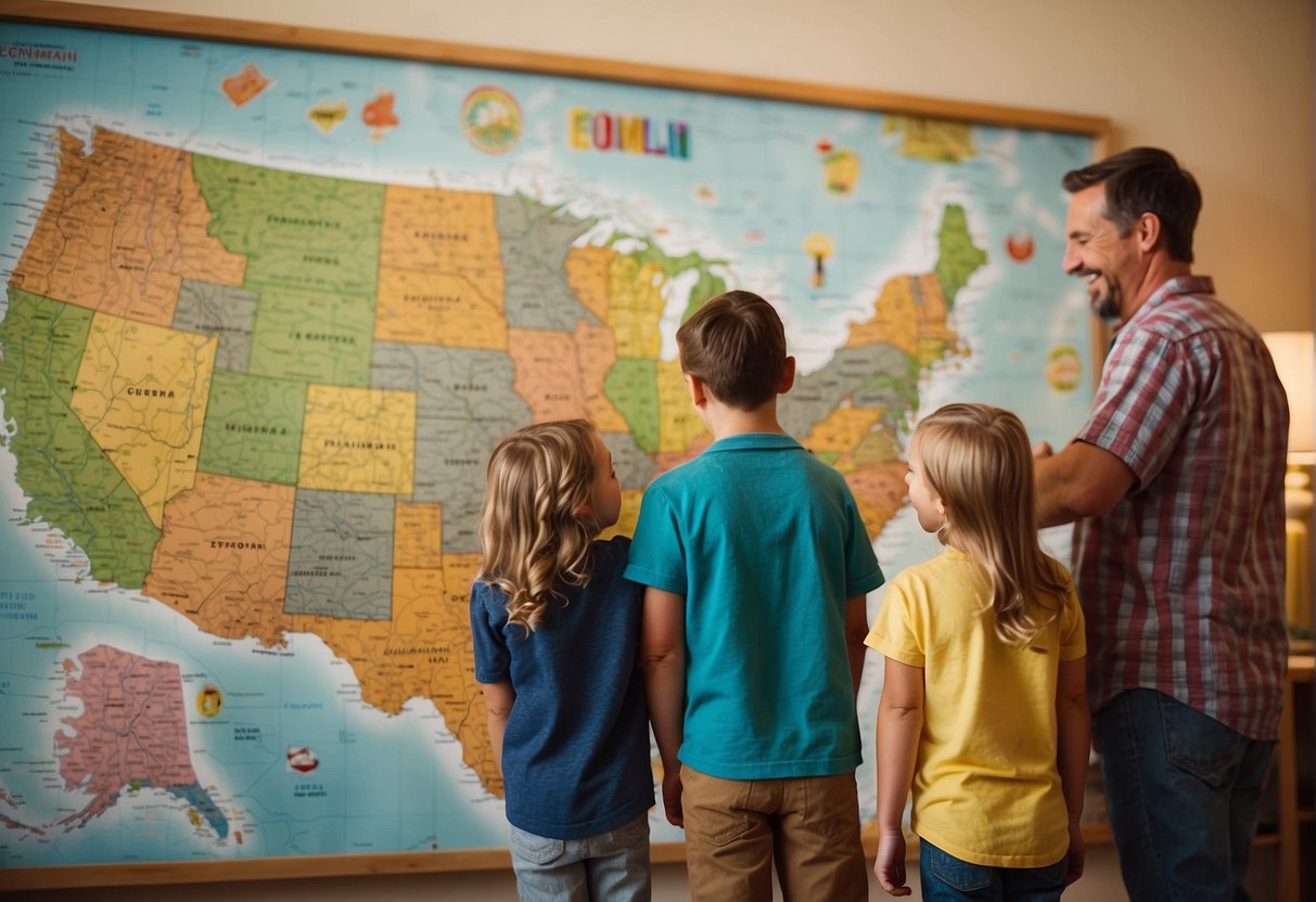 Families gather around a map, pointing to various destinations in Missouri. Bright colors and playful symbols mark the spots for kid-friendly activities. A sense of excitement and anticipation fills the room