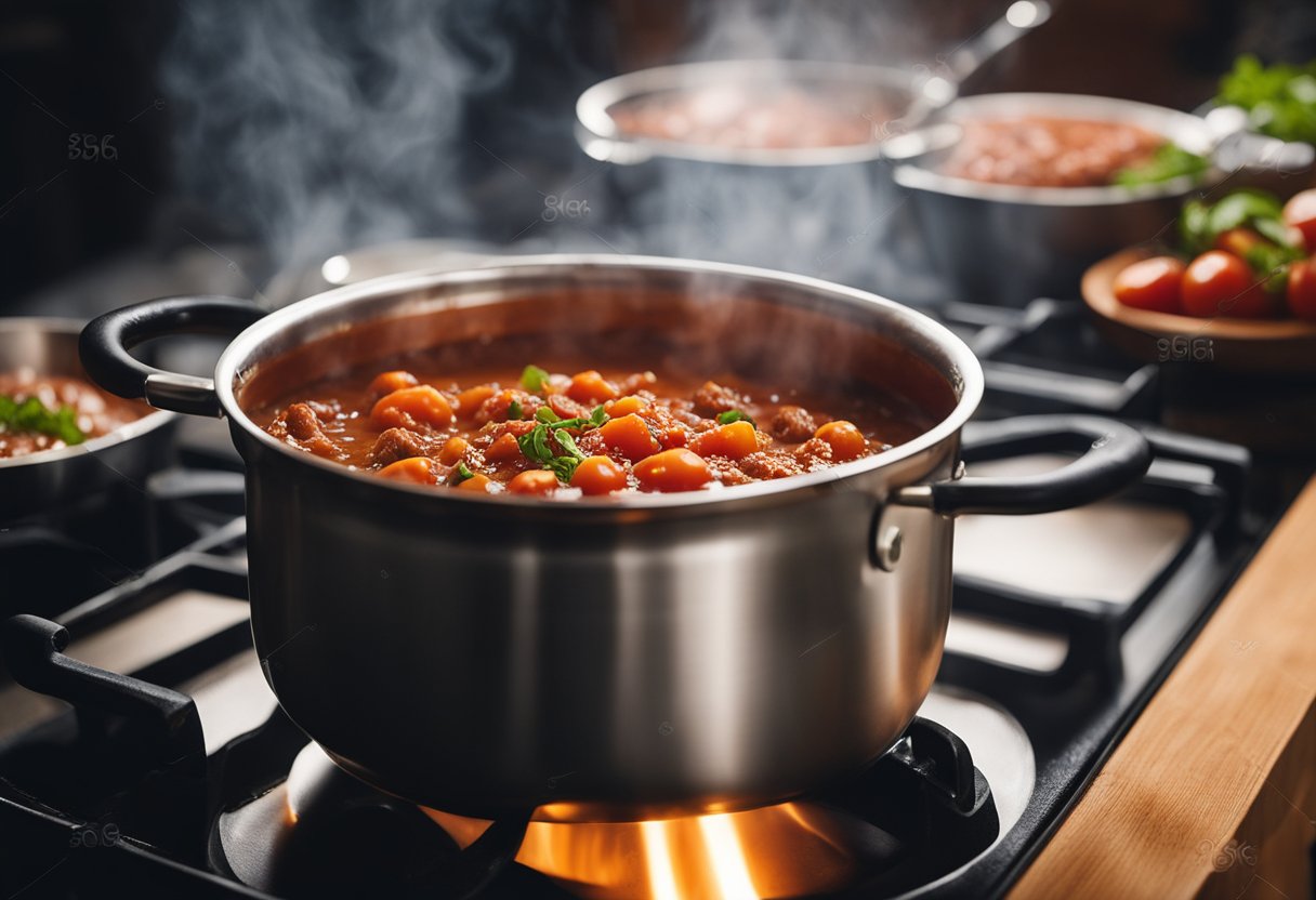 A pot simmers with rich, red Bolognese sauce, thick with tomatoes and meat, steam rising and filling the kitchen with savory aroma