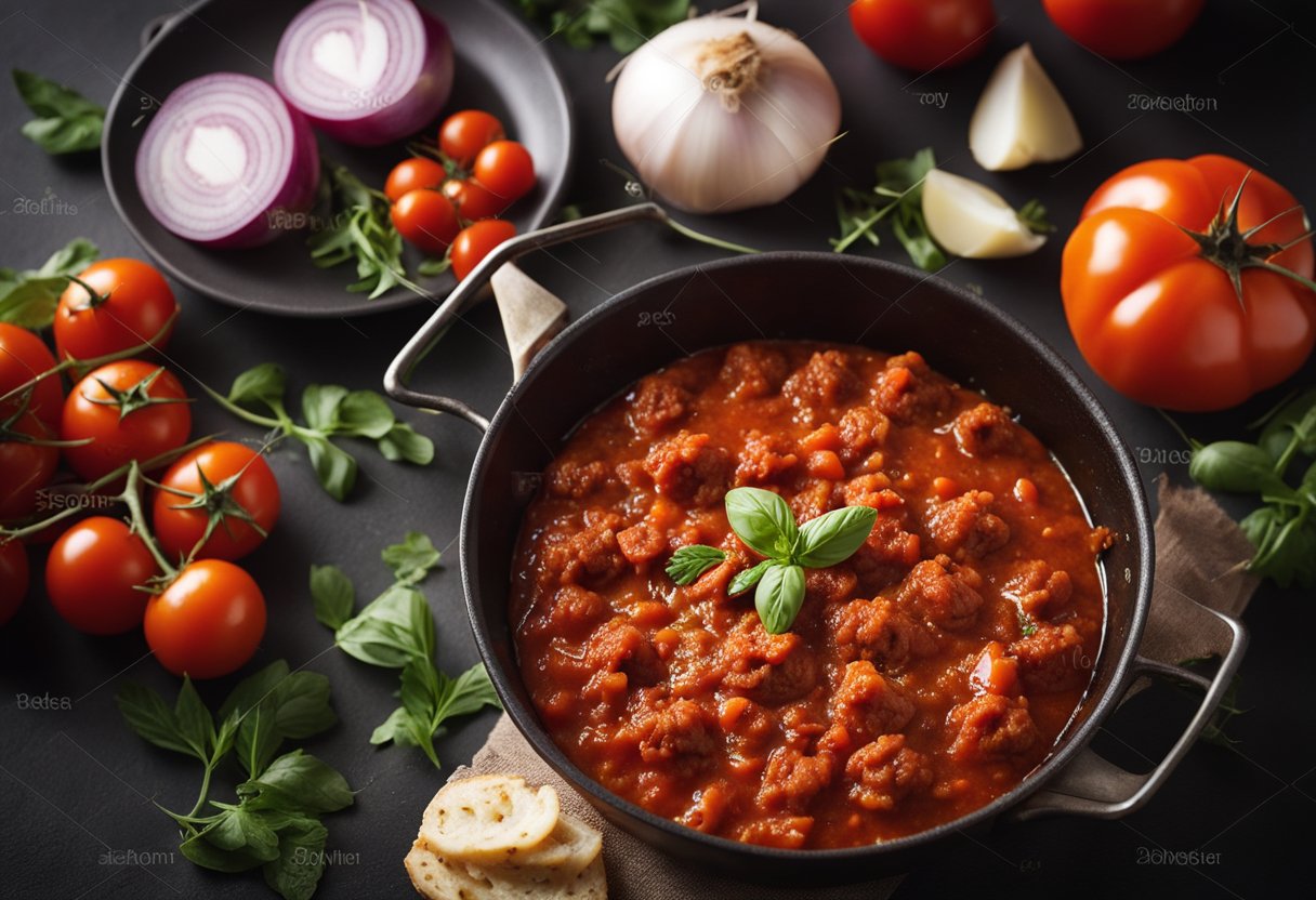 A simmering pot of Bolognese sauce with rich red color, chunks of meat, and aromatic herbs, surrounded by fresh tomatoes and onions