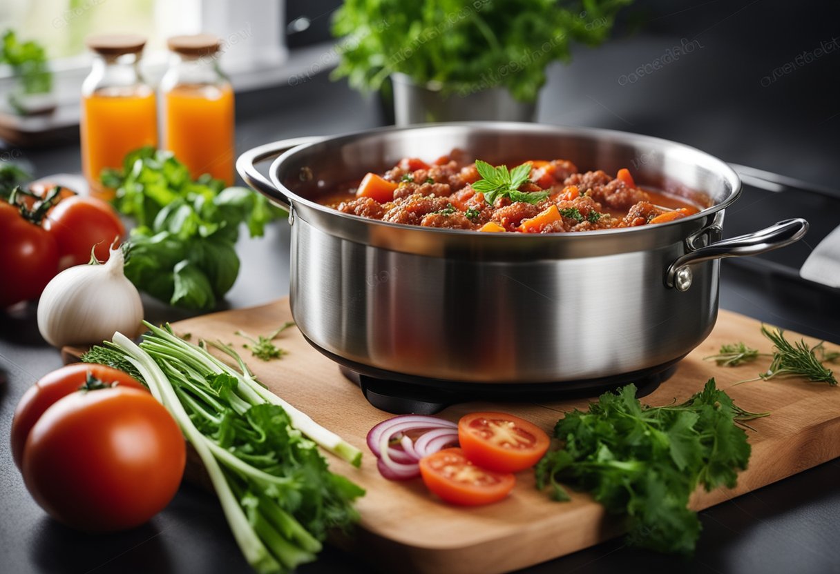 A pot simmers with tomatoes, ground meat, and herbs. On a nearby cutting board, onions, carrots, and celery await chopping