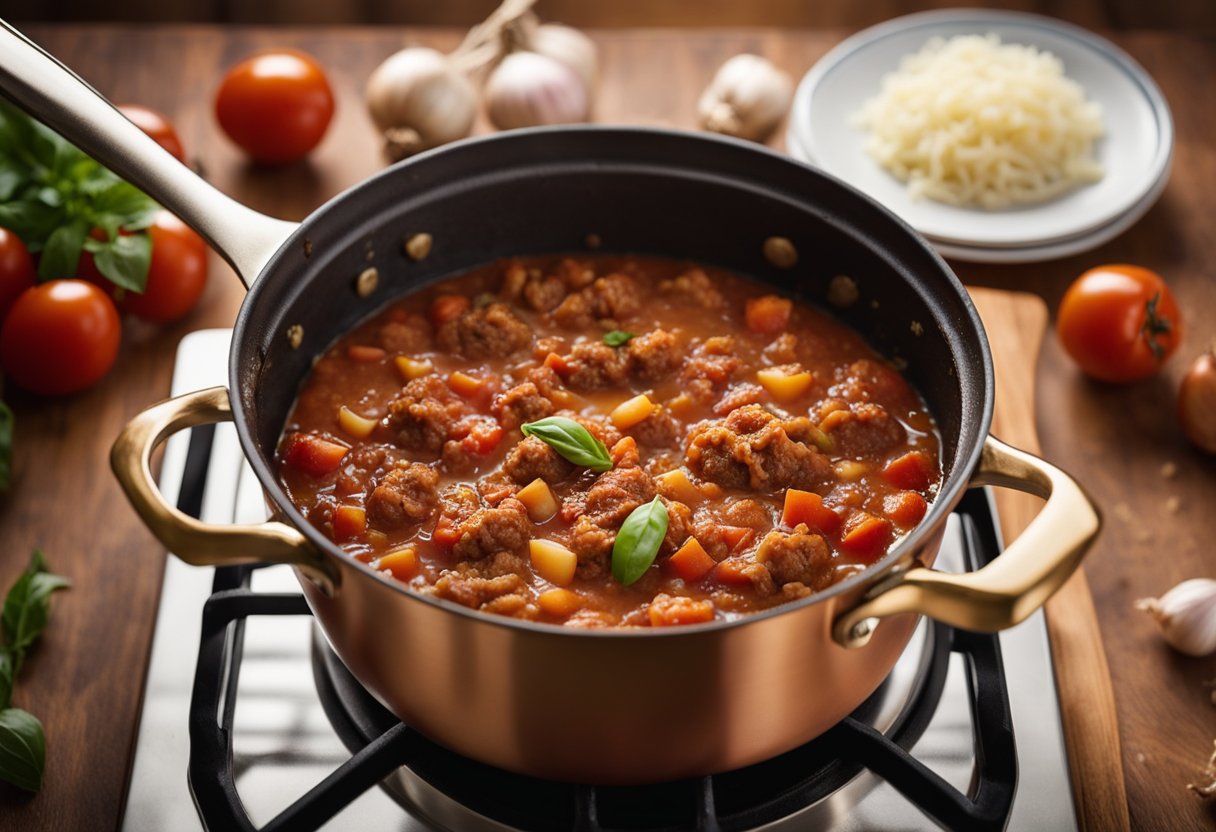 A pot simmers on a stovetop, filled with tomatoes, onions, garlic, and ground meat. A wooden spoon stirs the mixture as it thickens into a rich Bolognese sauce