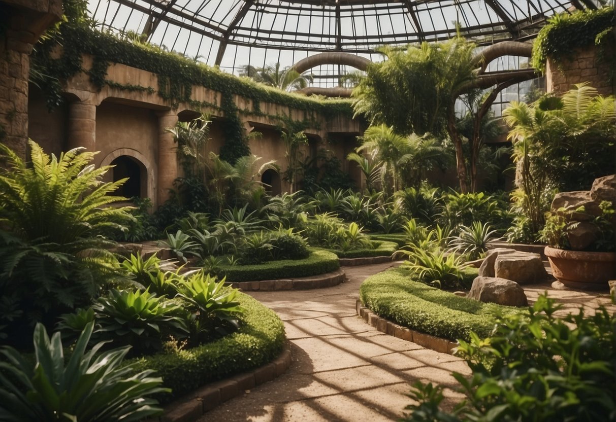 Lush greenery surrounds animal enclosures. Visitors marvel at exotic wildlife. A historical building stands in the background
