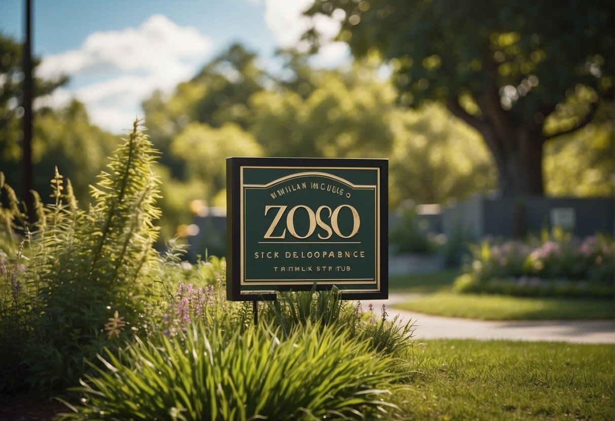 Lush greenery surrounds a zoo entrance sign, with colorful animals peeking out from behind trees. A family of deer graze in a nearby meadow, while birds flit through the air