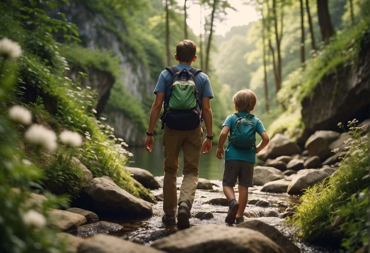 Families hike through lush forests, crossing babbling streams and spotting colorful wildflowers in bloom. Children laugh as they explore caves and climb rocky bluffs, while parents relax by a tranquil lake