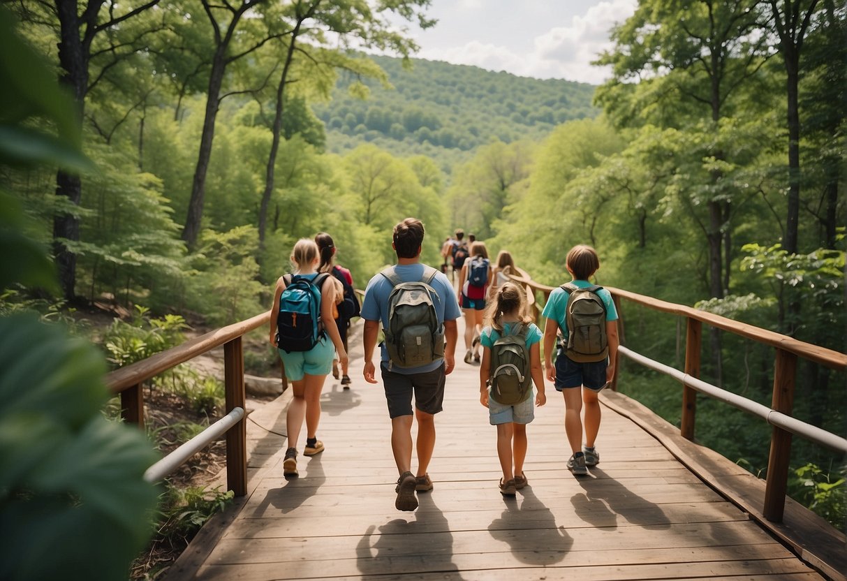 Families hiking through lush forests, ziplining over scenic valleys, and enjoying thrilling water activities at Branson's outdoor adventure parks during spring break in Missouri