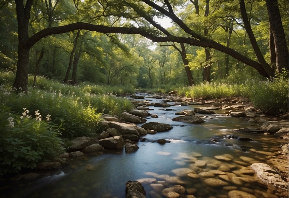 A serene forest with towering oak and hickory trees, a winding creek, and colorful wildflowers blooming in the Ozarks during spring