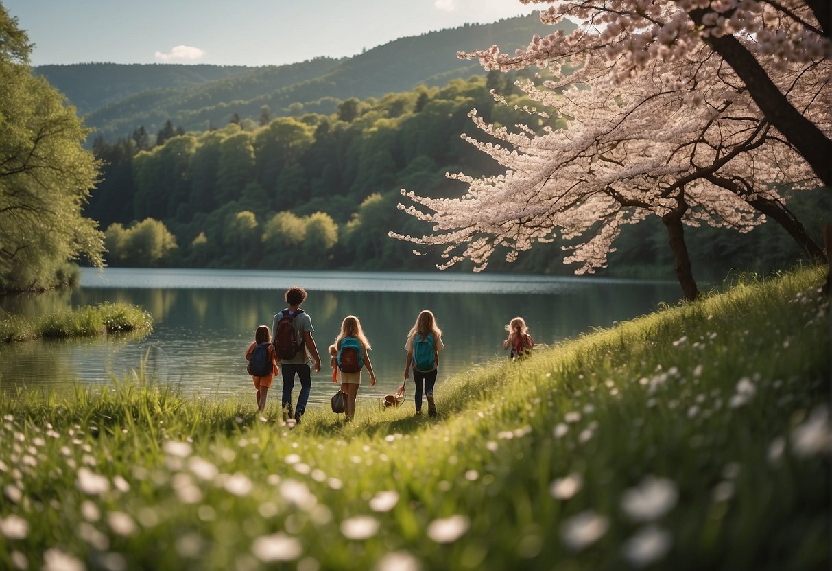 A family enjoys hiking in a lush forest, while others paddle in a serene lake. Children play in a grassy meadow as parents have a picnic under a blooming cherry blossom tree