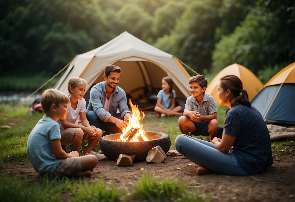 Families gather around a campfire, surrounded by lush green trees and a flowing river. Tents are pitched nearby, and children play in the background