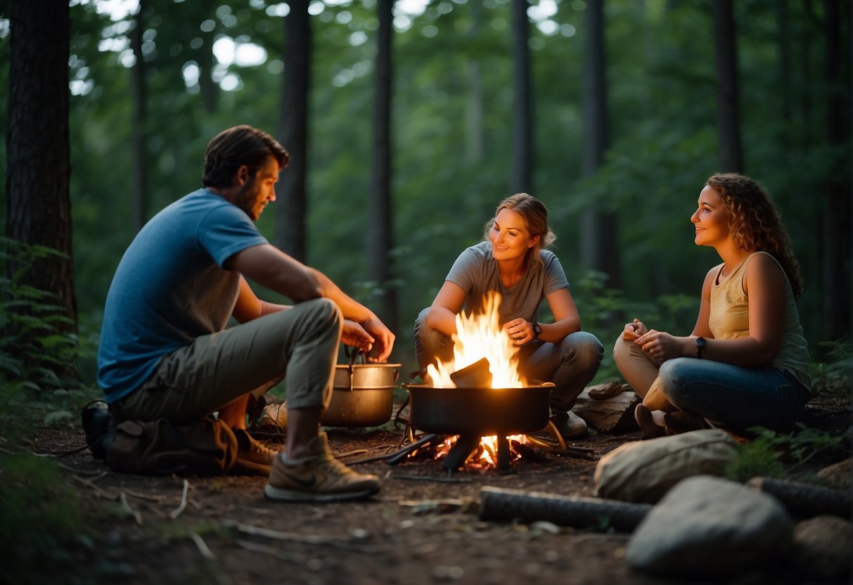 A family sets up a campfire surrounded by the lush greenery of a Missouri forest. A tent and camping gear are scattered around as they prepare for an outdoor adventure