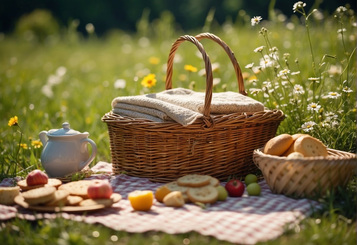 A sunny meadow with a babbling brook, surrounded by lush green trees and colorful wildflowers. A picnic blanket is spread out with a wicker basket filled with delicious treats