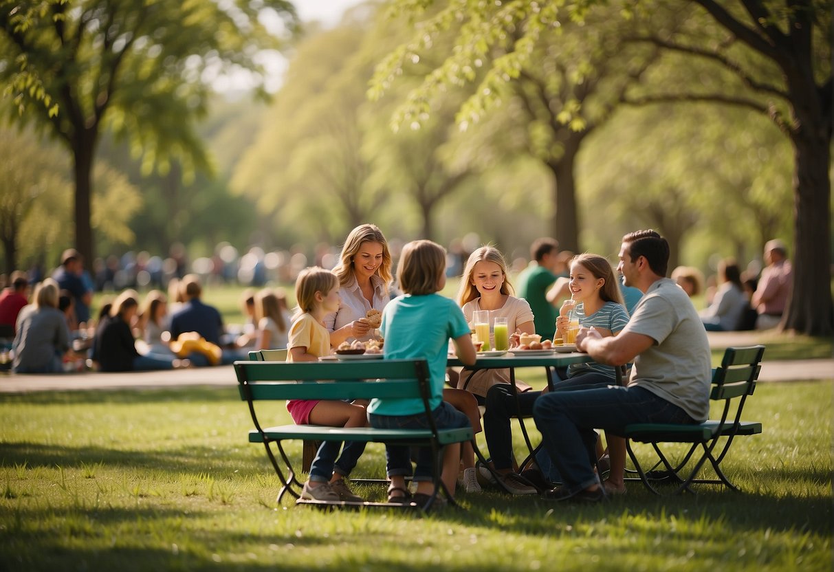Families enjoy picnicking in Missouri parks during spring break. Tables, green grass, and trees provide a scenic backdrop for the scene