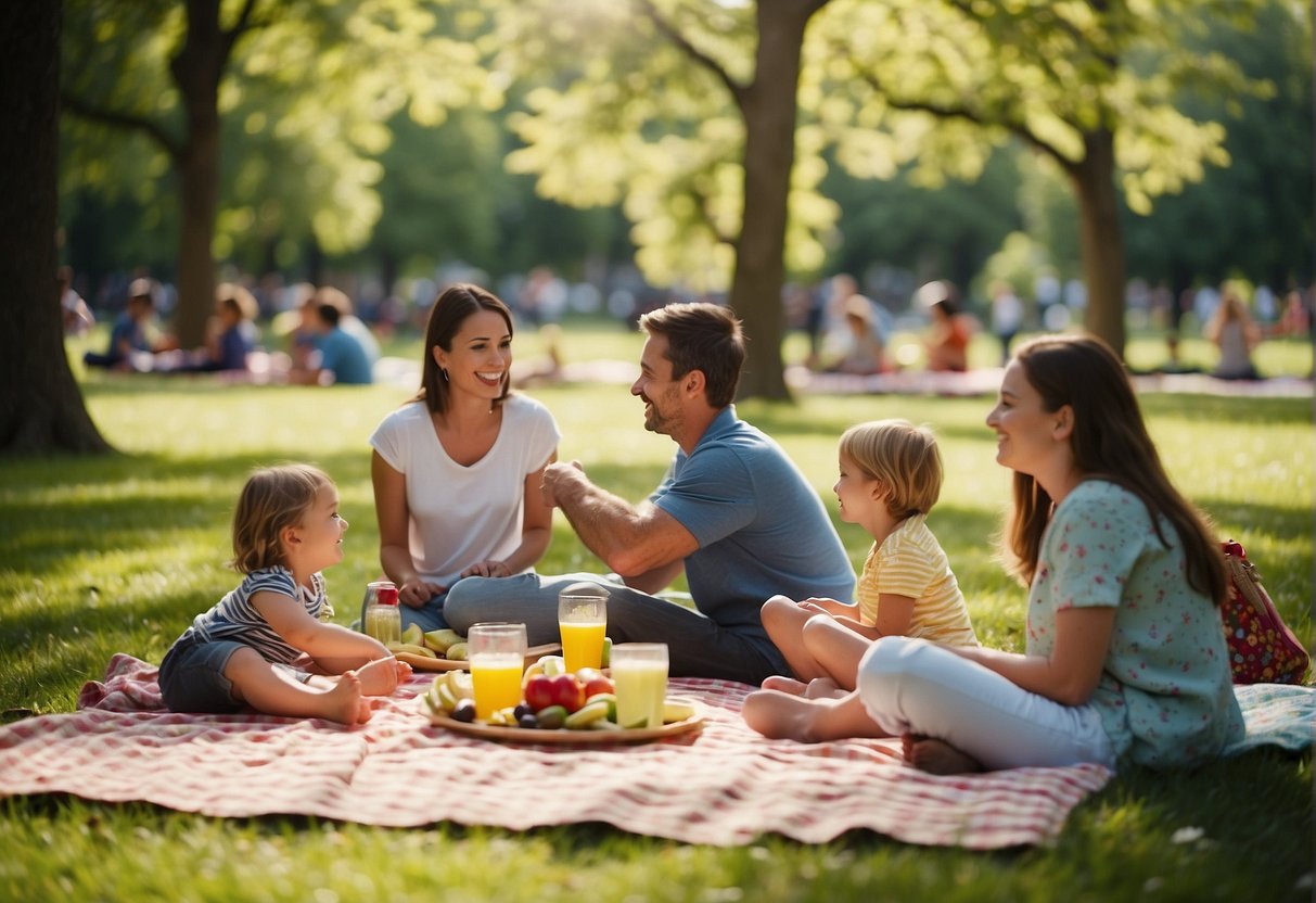 A sunny park with colorful picnic blankets, surrounded by lush green trees and blooming flowers. Families enjoy a variety of delicious food and drinks spread out on the blankets, with children playing and laughing in the background
