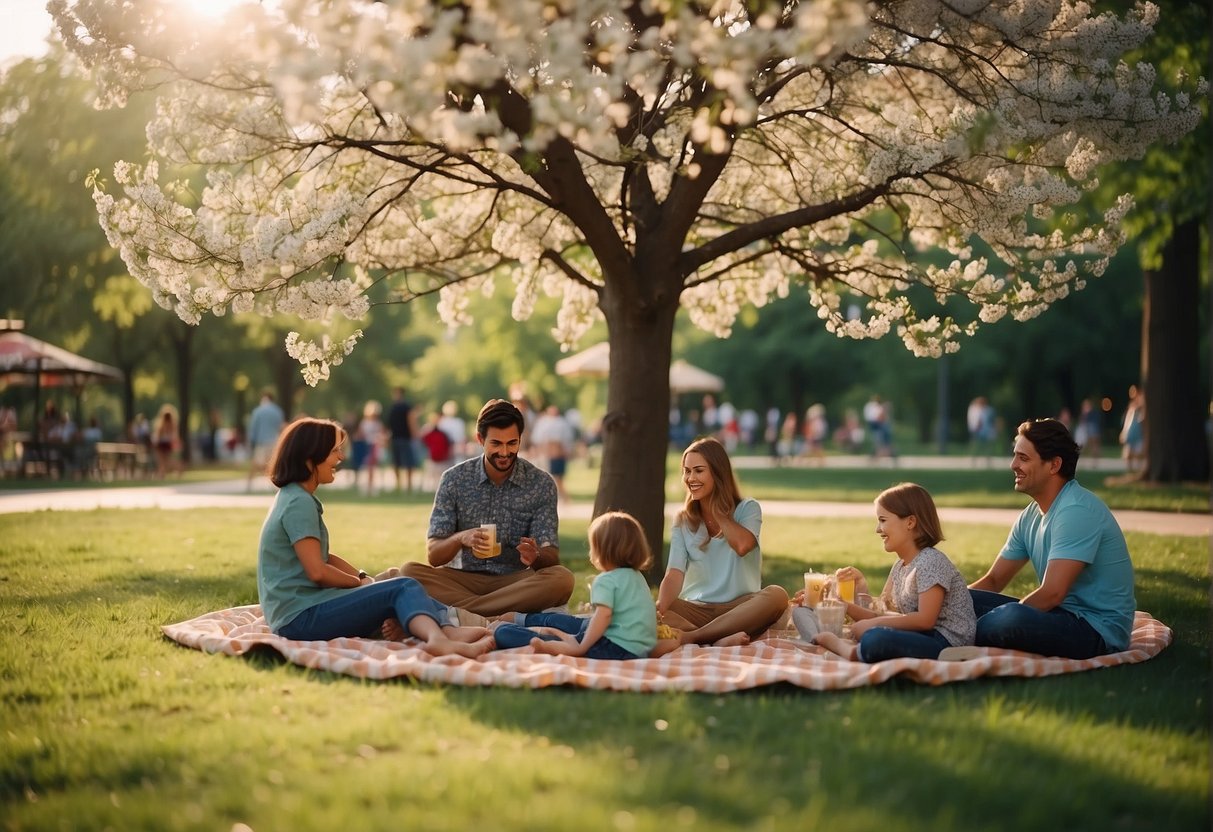 Families picnic under blooming trees in Missouri parks, kids play and learn at interactive outdoor exhibits