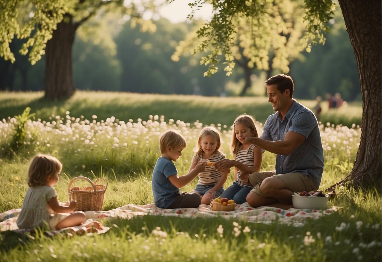 Families enjoy picnicking in lush Missouri parks, surrounded by blooming flowers and towering trees. Children play and explore while parents relax in the serene natural setting