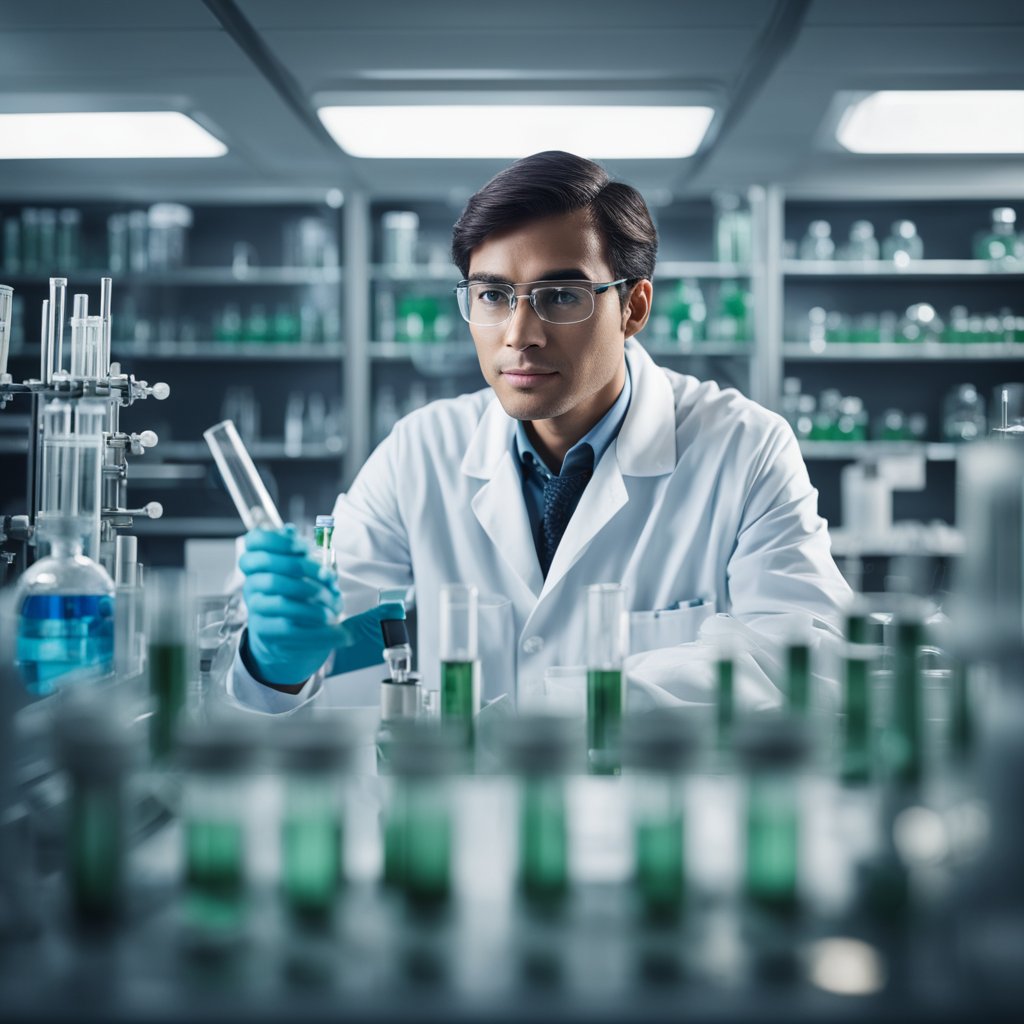 A scientist in a lab, surrounded by test tubes and equipment, researching sustainable aviation fuel