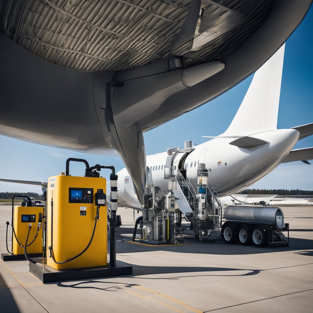 Aircraft fueling station with biofuel tanks, pipelines, and fueling equipment. Airplane refueling with sustainable aviation fuel