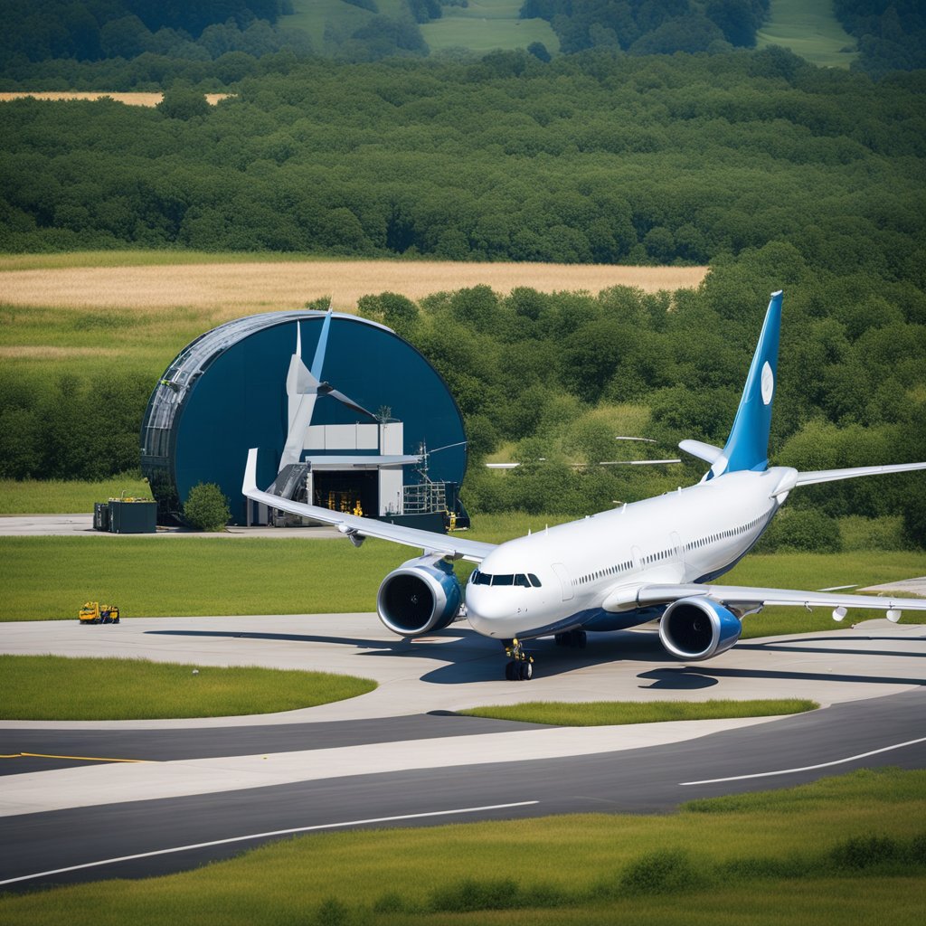 Aircraft refueling with sustainable fuel at an airport, surrounded by greenery and clean energy sources