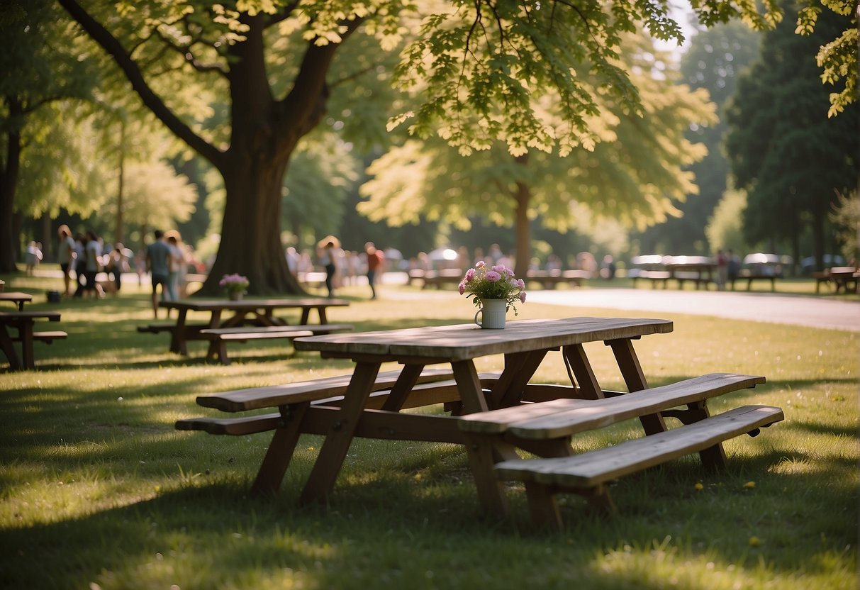 A sunny park with green grass, blooming flowers, and picnic tables surrounded by tall trees. Families enjoy picnicking, playing games, and relaxing in the peaceful setting
