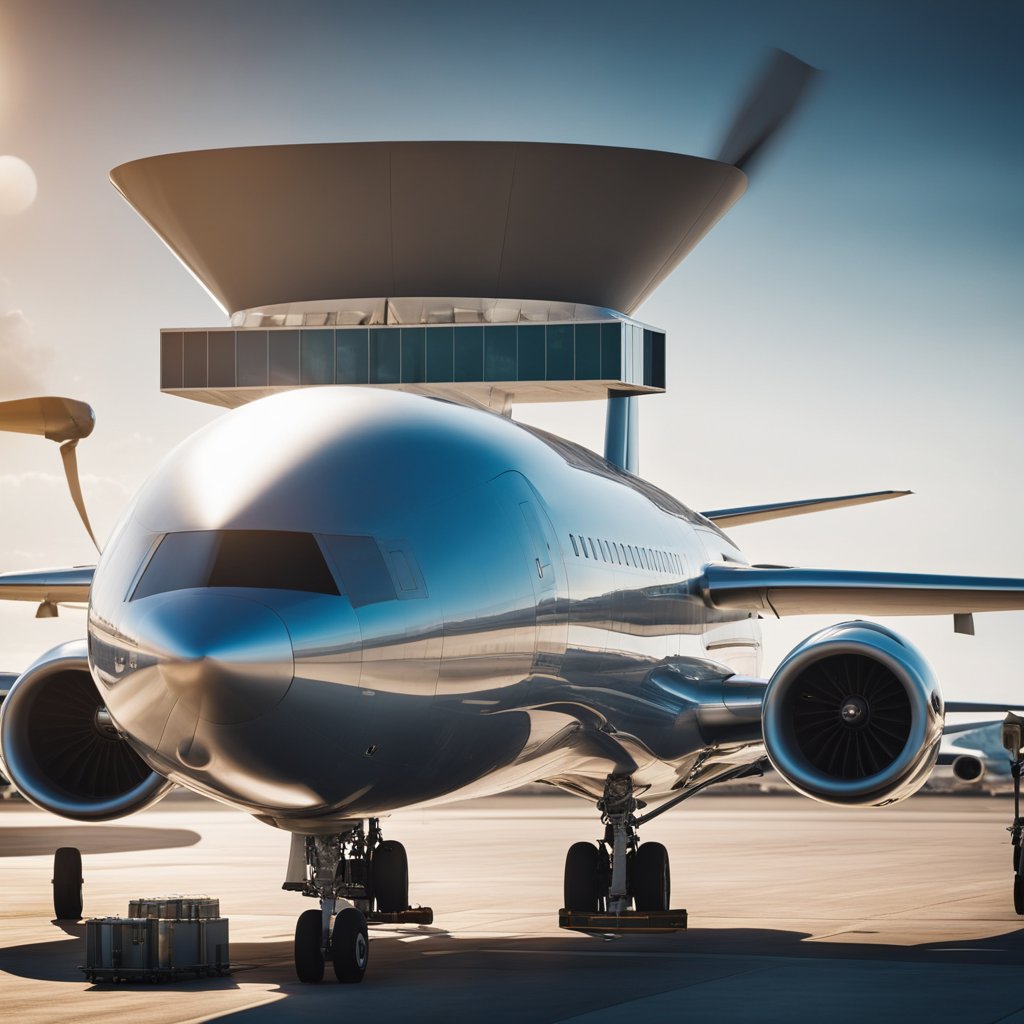 A futuristic aircraft refueling with sustainable aviation fuel at a clean and modern airport. The fuel is being pumped into the aircraft's tank, with sleek and efficient design elements visible throughout the scene