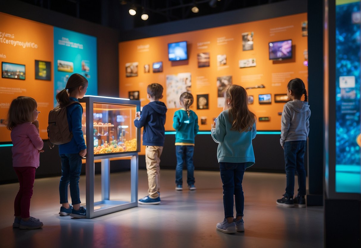 Children engage with interactive exhibits in a vibrant museum setting, surrounded by colorful displays and educational activities