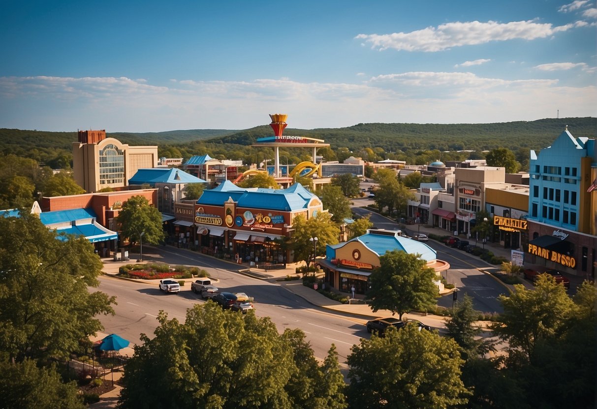 A bustling cityscape with colorful signs and lively attractions, surrounded by greenery and blue skies, showcasing the vibrant energy of Branson, Missouri