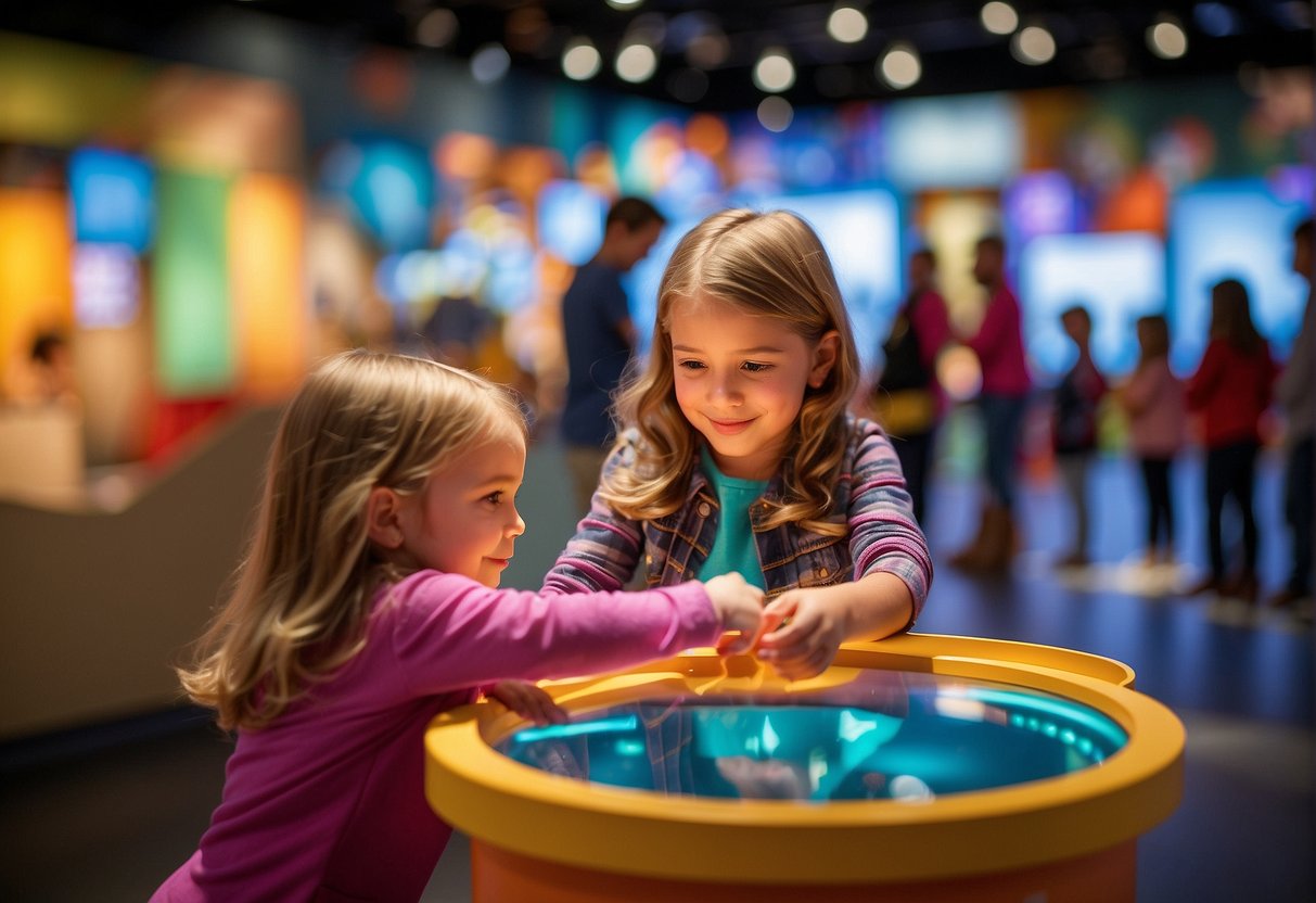 Children explore interactive exhibits in a vibrant museum setting, engaging in hands-on learning activities. Bright colors and playful displays create an educational yet fun atmosphere for young visitors